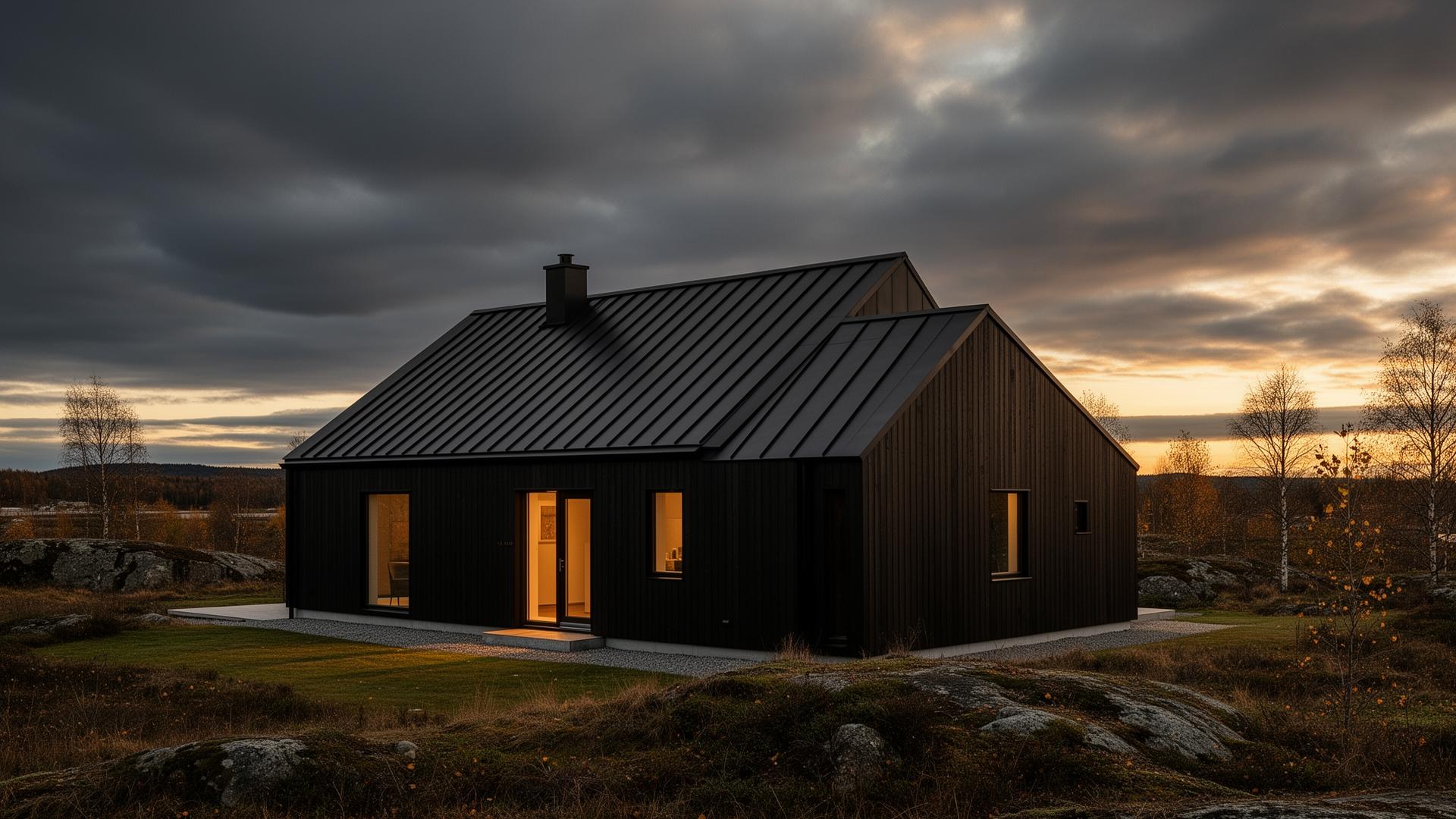 Modernt svenskt hus med plåttak